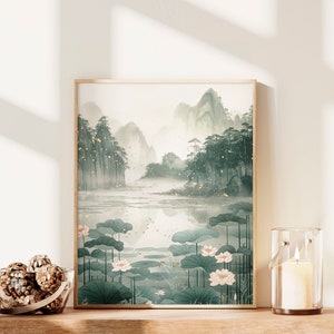 Aesthetic Lotus Sage Green Earth Tone Japanese Wall Art Painting Print Living Room Decor Japandi Minimalist Wabi Sabi Bestselling Wall Art