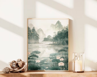 Aesthetic Lotus Sage Green Earth Tone Japanese Wall Art Painting Print Living Room Decor Japandi Minimalist Wabi Sabi Bestselling Wall Art