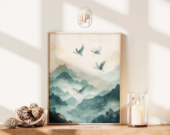 Flying Royal Cranes Japanese Wall Art Print Flying Flock Birds Print Living Room Decor Japandi Minimalist Art Wabi Sabi Bestselling Wall Art