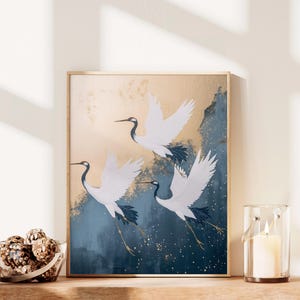 Dancing Cranes Indigo Blue Japanese Art Print Flock Flying Birds Art Living Room Decor Japandi Minimalist Wabi Sabi Bestselling Wall Art