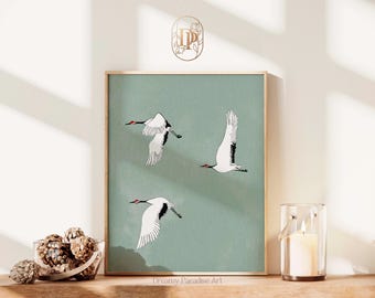 Sage Green Cranes Japandi Wall Art Print Flock Flying Birds Print Living Room Decor Japanese Minimalist Wabi Sabi Bestselling Wall Art Print