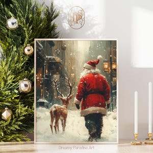 Vintage Santa Claus and Reindeer Wall Art Print Forest Snowfall Winter Printable Xmas Home Decor Holiday Moody Artful Winter Wall Art Prints