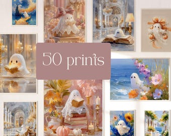 Summerween Thanksgiving Halloween Gallery Wall Art Set of 50 Prints Lace Ghost In Vintage Painting Cute Spooky Country Printable Gallery Set