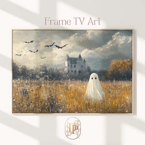 ハロウィンフレームTVアートヴィンテージワイルドフラワーフィールドハロウィンゴーストTVアートかわいいハロウィンゴーストペインティング秋の装飾ヴィンテージ風景アートTV132