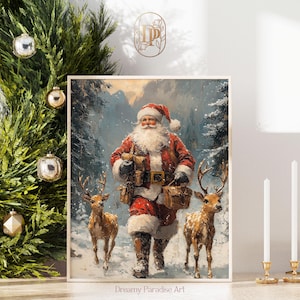 Vintage Santa Claus and Reindeer Wall Art Print Forest Snowfall Winter Printable Xmas Home Decor Holiday Moody Artful Winter Wall Art Prints