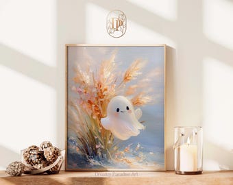 Little Ghost In Vintage Coastal Summerween Japandi Wall Art Spooky Country Wall Art Cute Ghost North Prints Art Halloween Gallery Wall Art