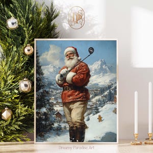 Vintage Santa Claus Playing Golf Wall Art Print Classic Oil Painting Printable Xmas Home Decor Holiday Moody Artful Winter Wall Art Prints