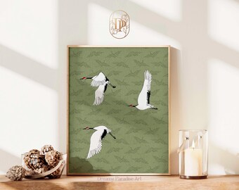 Aesthetic Sage Green Cranes Japandi Wall Art Print Flock Flying Birds Print Living Room Decor Japanese Sashiko Minimalist Wabi Sabi Wall Art