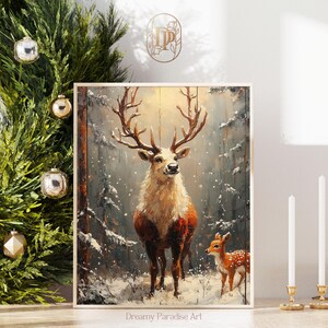 Vintage Christmas Reindeer Wall Art Print Forest Snowfall Winter Printable Christmas Home Decor Holiday Moody Artful Winter Wall Art Prints