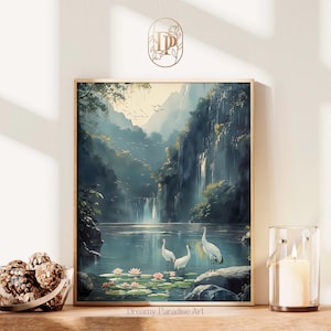 Aesthetic Sage Green Cranes Japandi Calming Wall Art Print Flock Flying Birds Print Living Room Decor Japanese Minimalist Wabi Sabi Wall Art