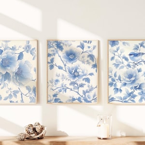 Decoração de quarto coquete Chinoiserie Fancy Wall Art Love Shack Wall Art Light Blue French Toile Vintage Print Conjunto de 3 decoração Triptych Wall Art