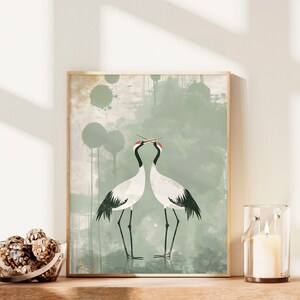 Aesthetic Cranes Sage Green Japanese Wall Art Painting Print Birds Print Living Room Decor Japandi Minimalist Wabi Sabi Bestselling Wall Art