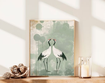 Aesthetic Cranes Sage Green Japanese Wall Art Painting Print Birds Print Living Room Decor Japandi Minimalist Wabi Sabi Bestselling Wall Art