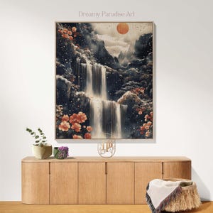 Wide Large Long Boho Floral Tapestry Waterfall Nature Japanese Tapestry Blanket Forest Mountain Nature Above Bed Sofa Large Japandi Art