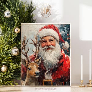 Vintage Santa Claus and Reindeer Wall Art Print Forest Snowfall Winter Printable Xmas Home Decor Holiday Moody Artful Winter Wall Art Prints