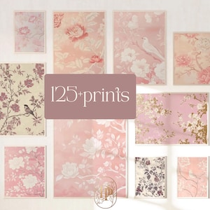 Puede incluir: Un collage de 10 impresiones enmarcadas con motivos florales en tonos rosa, blanco y dorado. Las impresiones están dispuestas en una cuadrícula en una pared blanca. El texto "125+ prints" se muestra en un rectángulo rosa en el centro de la imagen.