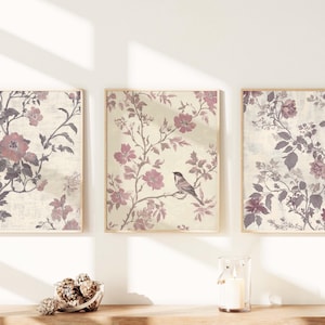 Chinoiserie Three Pieces Wall Art French Toile Love Shack Wall Art Pink Vintage Floral Print Set of 3 Wall Decor Aesthetic Triptych Wall Art