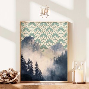 May include: A framed print of a misty mountain landscape with a repeating geometric pattern in the background. The mountains are a dark blue and the fog is a light blue. The pattern is a light green and white. The print is titled "Dreamy Paradise Art".