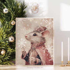 May include: A whimsical illustration of a mouse wearing a pink and white hat and a red cape. The mouse is standing in a snowy scene with snowflakes falling around it. The illustration is in a vintage style with a soft, dreamy color palette.