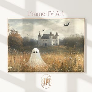 ハロウィンフレームTVアートヴィンテージワイルドフラワーフィールドハロウィンゴーストTVアートかわいいハロウィンゴーストペインティング秋の装飾ヴィンテージ風景アートTV132