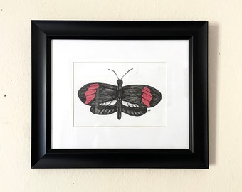 Arte de la mariposa Arte de la naturaleza Obra de arte original Dibujo mate Blanco y negro y rosa, 5 x 7 pulgadas en papel, Galería colgante Pared o Decoración de estante