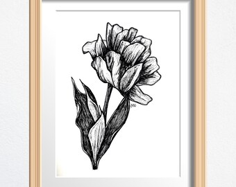 Lámina de bellas artes, dibujo de flores, arte floral, tulipán, impresión física, arte de pared enmarcado, decoración botánica