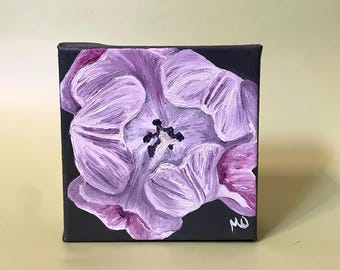 Original oil painting, plant art, flower art, purple tulip, 5 x 5 oil on canvas, shelf decor or wall art