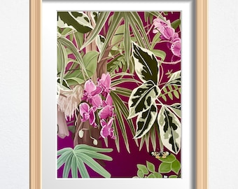 May include: A framed print of a tropical jungle scene with pink orchids, green leaves, and a butterfly on a magenta background.