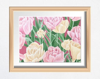 Fine Art Print, Pastel Tulips Painting, Flower Art, Physical Print, Framed Wall Art, Earthy Decor