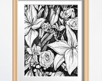 Floral Arrangement Art, Flower Lover Gift, Original Drawing Framed, Black and White Sketch 8 x 10 in Ink on Paper, Shelf Decor or Wall Art