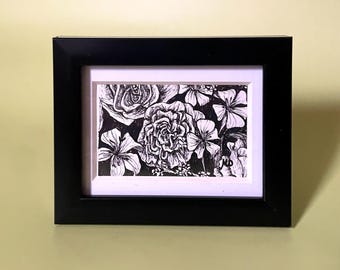 Miniature Art, Flower Art, Flower Bouquet, Original Ink Drawing, 2.5x3.5 inch Framed Mini Art