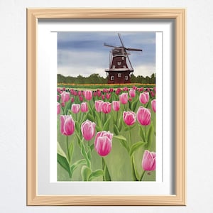 May include: A painting of a red windmill with a field of pink tulips in the foreground. The windmill has a white roof and white blades. The sky is a light blue with some clouds.