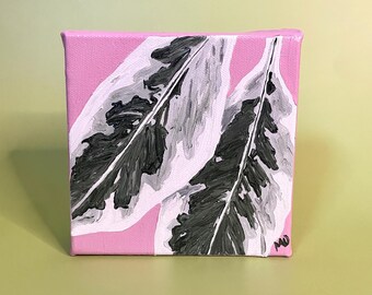 Original oil painting, plant art, green and white leaves, 5 x 5 oil on canvas, shelf decor or wall art