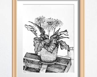 Flower Still Life Art, Flower Lover Gift, Original Drawing Framed, Black and White Sketch 8 x 10 in Ink on Paper, Shelf Decor or Wall Art