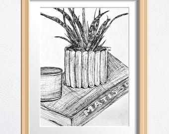 Plant Still Life Art, Plant Lover Gift, Original Drawing Framed, Black and White Sketch 8 x 10 in Ink on Paper, Shelf Decor or Wall Art