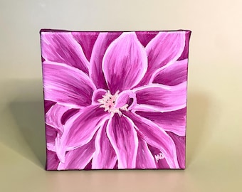Original oil painting, plant art, flower art, pink dahlia, 5 x 5 oil on canvas, shelf decor or wall art
