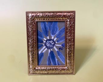 Miniature Art, Flower Art, Blue Flower, Original Oil Painting, 2x3 inch Framed Mini Art
