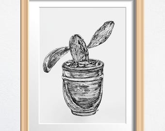 Potted Cactus Art, Plant Lover Gift, Original Drawing Framed, Black and White Sketch 8 x 10 in Ink on Paper, Shelf Decor or Wall Art