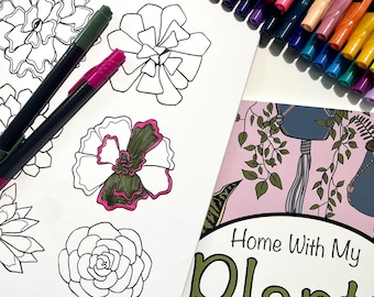 以下が含まれることがあります： 「Home With My Plants」というタイトルの、大人の塗り絵28ページがある塗り絵本。花の線画のページが開かれています。カラフルなマーカーのセットが本の上に配置され、2つのマーカーが塗り絵ページにあります。
