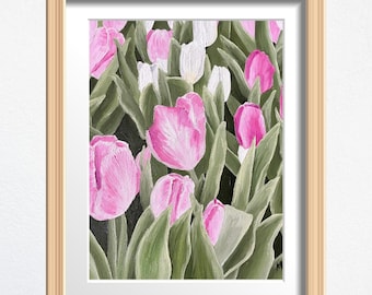 Lámina de bellas artes, pintura de tulipanes, arte floral, impresión física, arte de pared enmarcado, decoración rosa