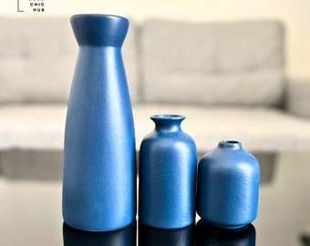 Blue Ceramic Vase Set Of 3, Living Room Flower Arrangement, Decorative Bud Vase, Creative Multipurpose Boho Planter