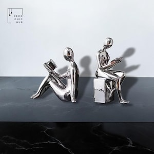 Abstract Silver Statue Set Of 2, Resin Figurine, Office Home Decoration, Home Decor, Modern Sculpture, Modern Art