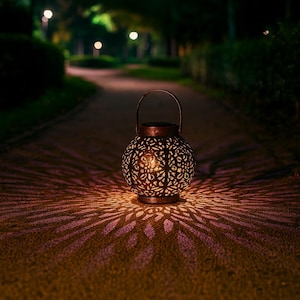 Può includere: Una lanterna sferica color bronzo con intricati motivi traforati, che proietta un motivo di luce decorativo sul terreno. La lanterna ha un manico ed è illuminata dall'interno, creando un bagliore caldo. Lo sfondo mostra un sentiero in un parco.