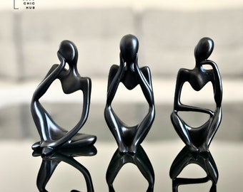 Abstract Black Thinker Statue Set Of 3, Resin Figurine, Office Home Decoration, Modern Sculpture, Modern Minimalist Art