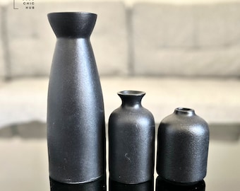 Ensemble de 3 vases en céramique noire, composition florale pour le salon, vase décoratif en forme de bouton, pot de fleur bohème créatif polyvalent