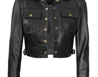 women’s  black cropped leather jacket