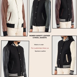 Timeless Sophistication: Women's Varsity Jacket with Leather Sleeves and Wool Body 画像 2