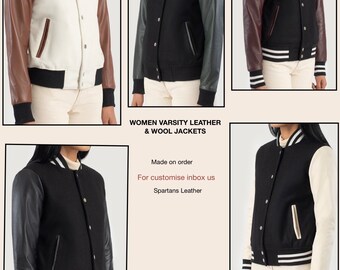 Timeless Sophistication: Women's Varsity Jacket with Leather Sleeves and Wool Body