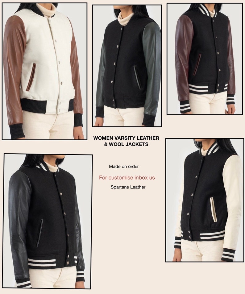 Timeless Sophistication: Women's Varsity Jacket with Leather Sleeves and Wool Body 画像 2