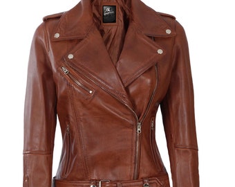 women’s brown leather  biker zipper  jacket with pockets